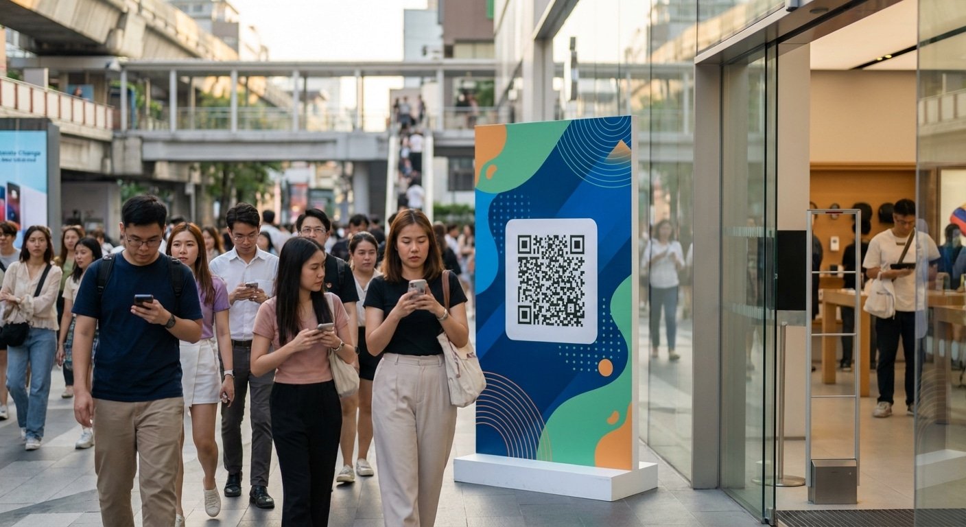 การตลาด 2026: ดึงลูกค้าเข้าร้านด้วยป้ายโฆษณาผสาน QR Code - offline-marketing-signage-qrcode-2026