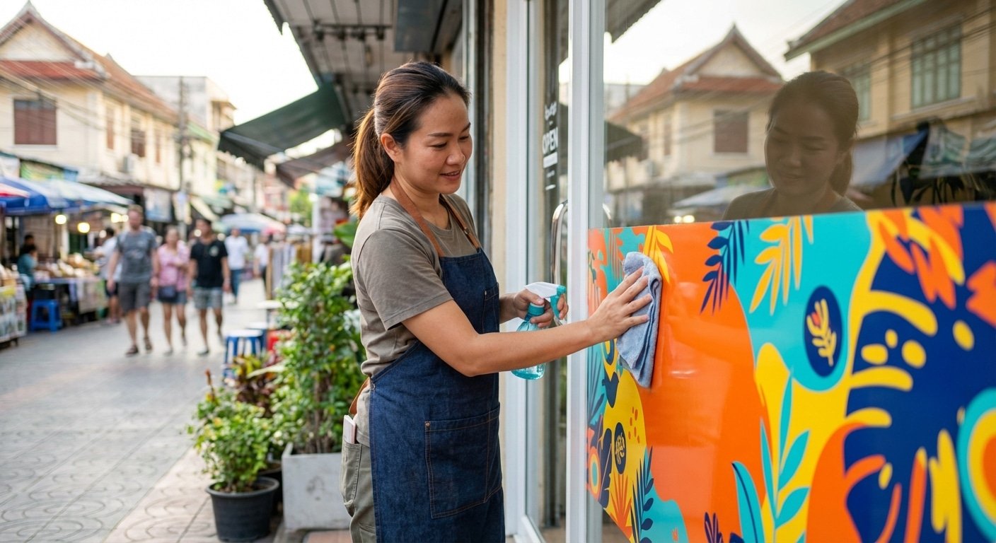 เคล็ดลับ 2026! ดูแลป้ายไวนิล-สติ๊กเกอร์หน้าร้านให้สีสดนาน - outdoor-sign-maintenance-tips