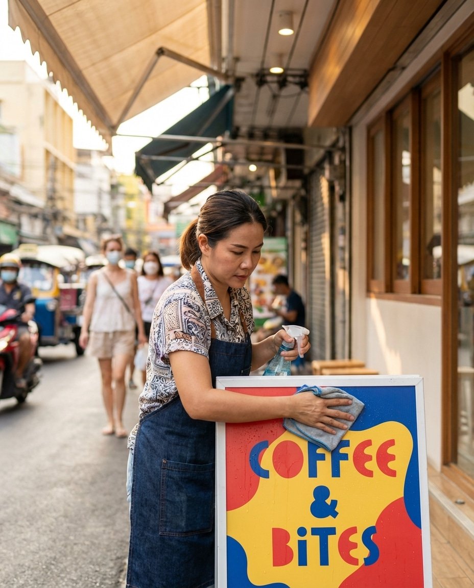 ทริคดูแลป้ายโฆษณาและสติ๊กเกอร์หน้าร้านให้สีสด ทนแดดทนฝน! - outdoor-sign-sticker-maintenance