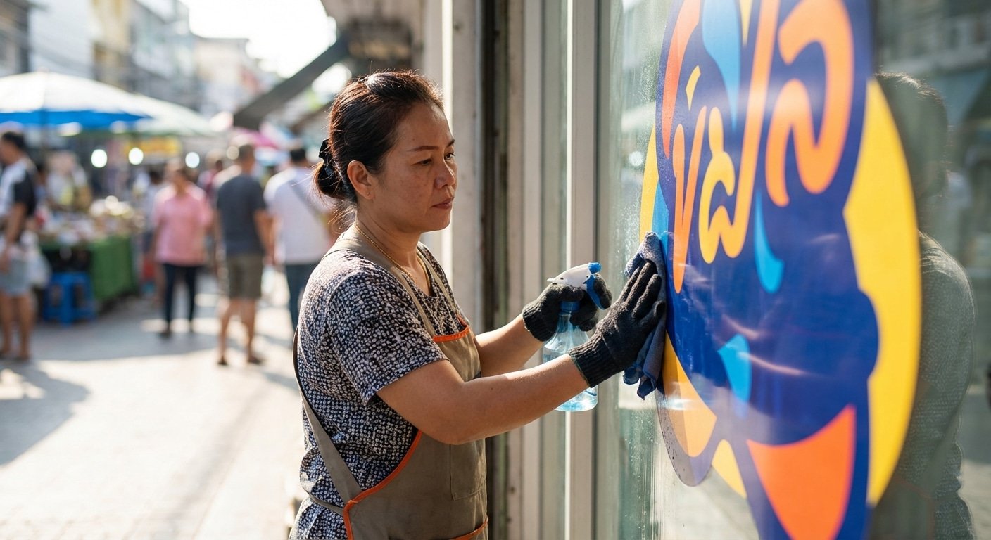 วิธีดูแลป้ายไวนิลและสติ๊กเกอร์ติดกระจกให้สีสดทนนาน - outdoor-sign-sticker-maintenance