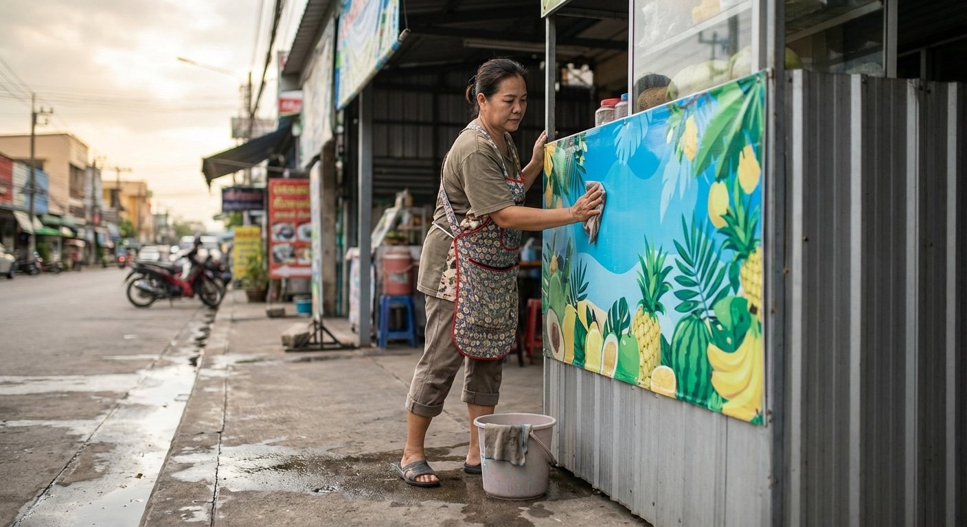 ทริคดูแลป้ายไวนิลและสติ๊กเกอร์หน้าร้านให้สีสดทนนาน - outdoor-sign-sticker-maintenance