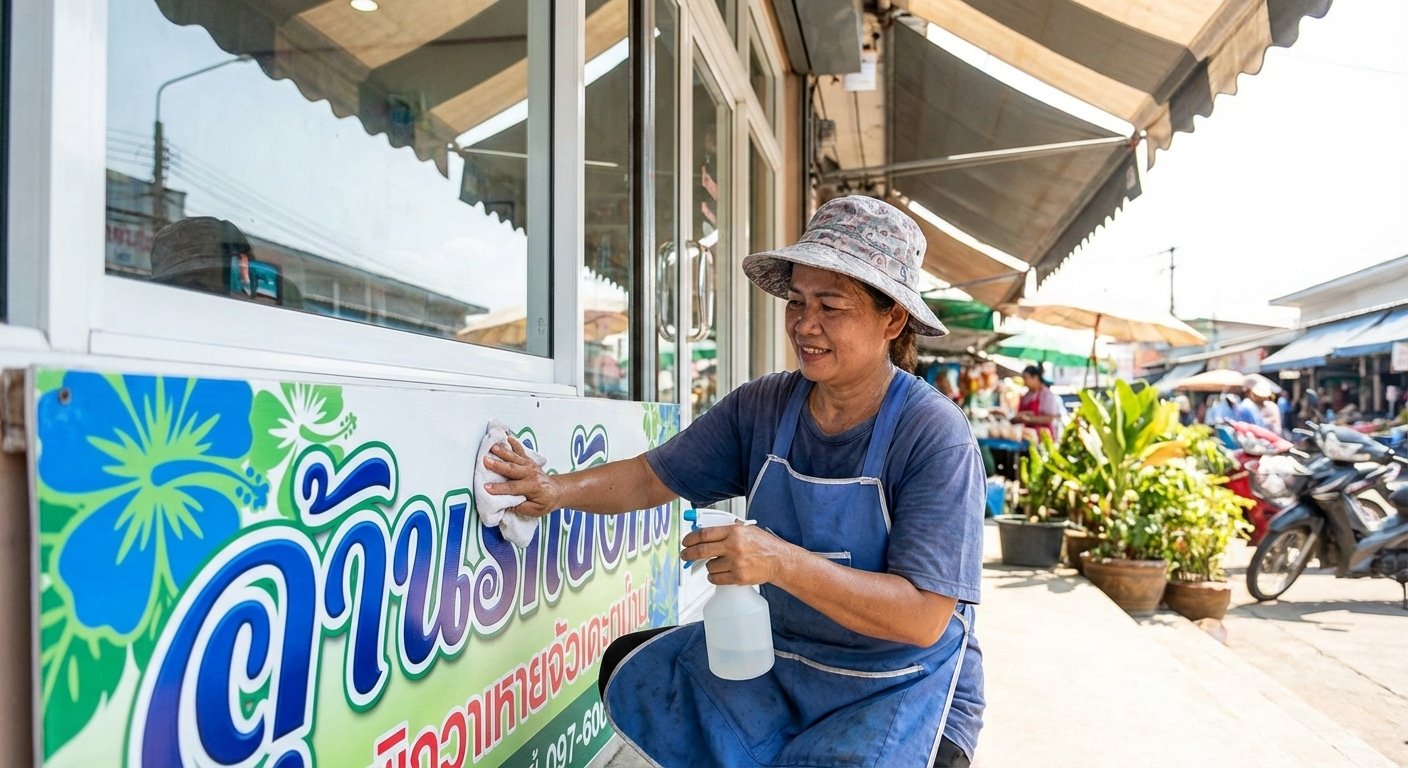 ทริคดูแลป้ายไวนิลและสติ๊กเกอร์หน้าร้าน ให้สีสดทนนาน - outdoor-sign-sticker-maintenance