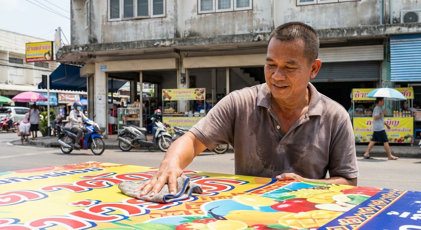 วิธีดูแลป้ายโฆษณาและสติ๊กเกอร์หน้าร้านให้สีสวยทนสู้แดด - outdoor-sign-sticker-maintenance