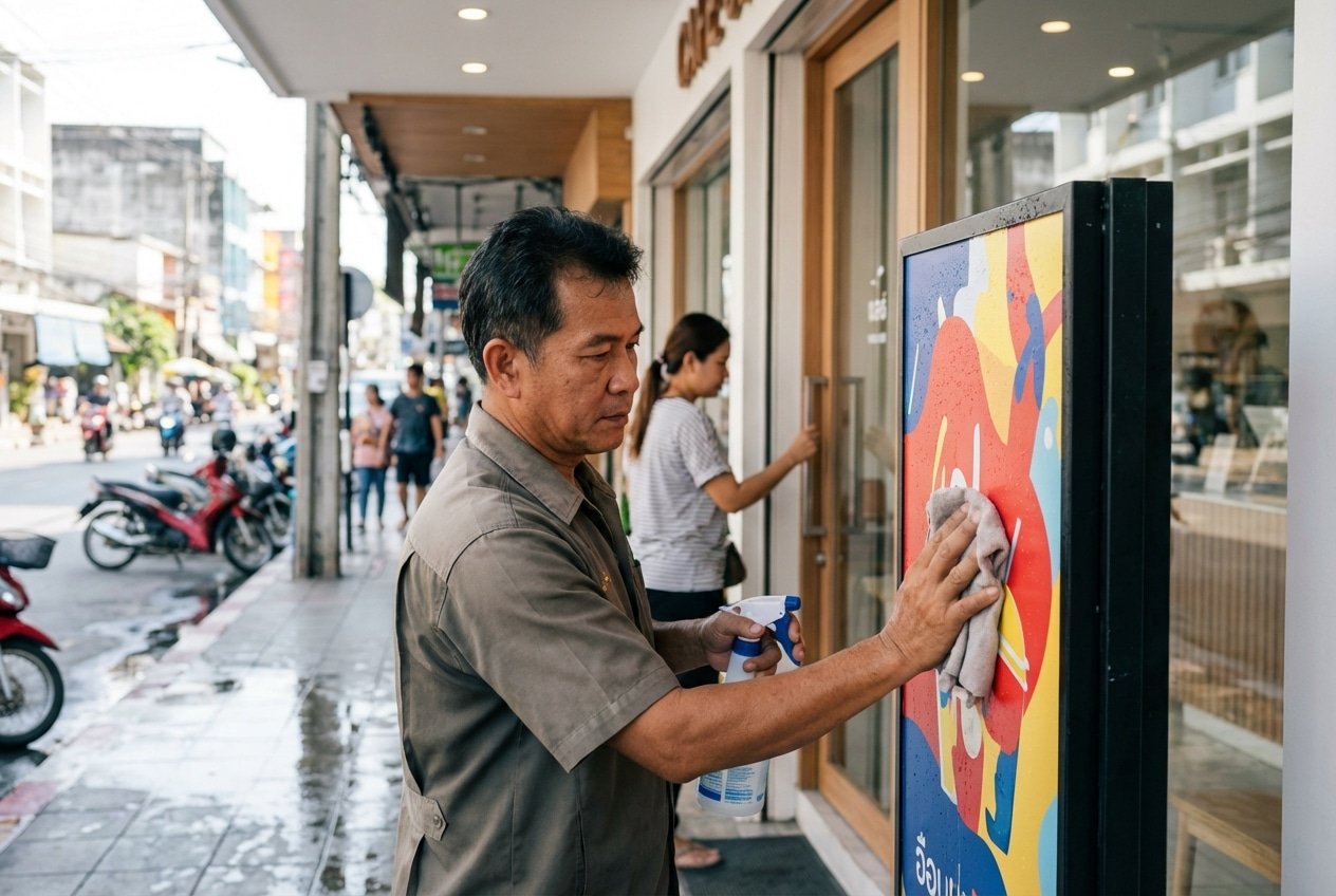 วิธีดูแลป้ายหน้าร้าน สู้แดดฝนปี 2026 ให้สีสดนาน - outdoor-sign-sticker-maintenance