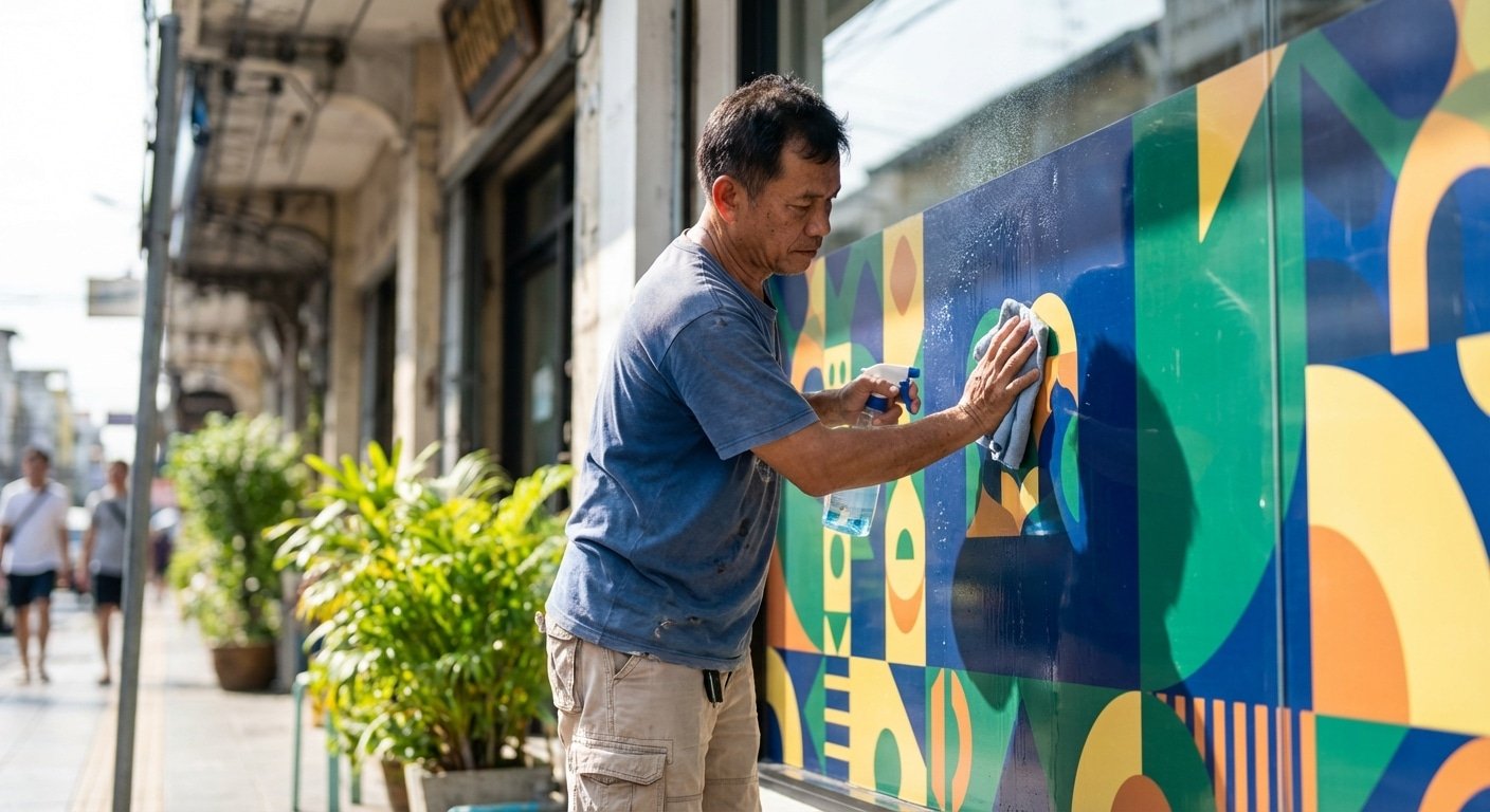 ทริคดูแลป้ายไวนิลและสติ๊กเกอร์หน้าร้านให้สีสดทนแดด - outdoor-sign-sticker-maintenance