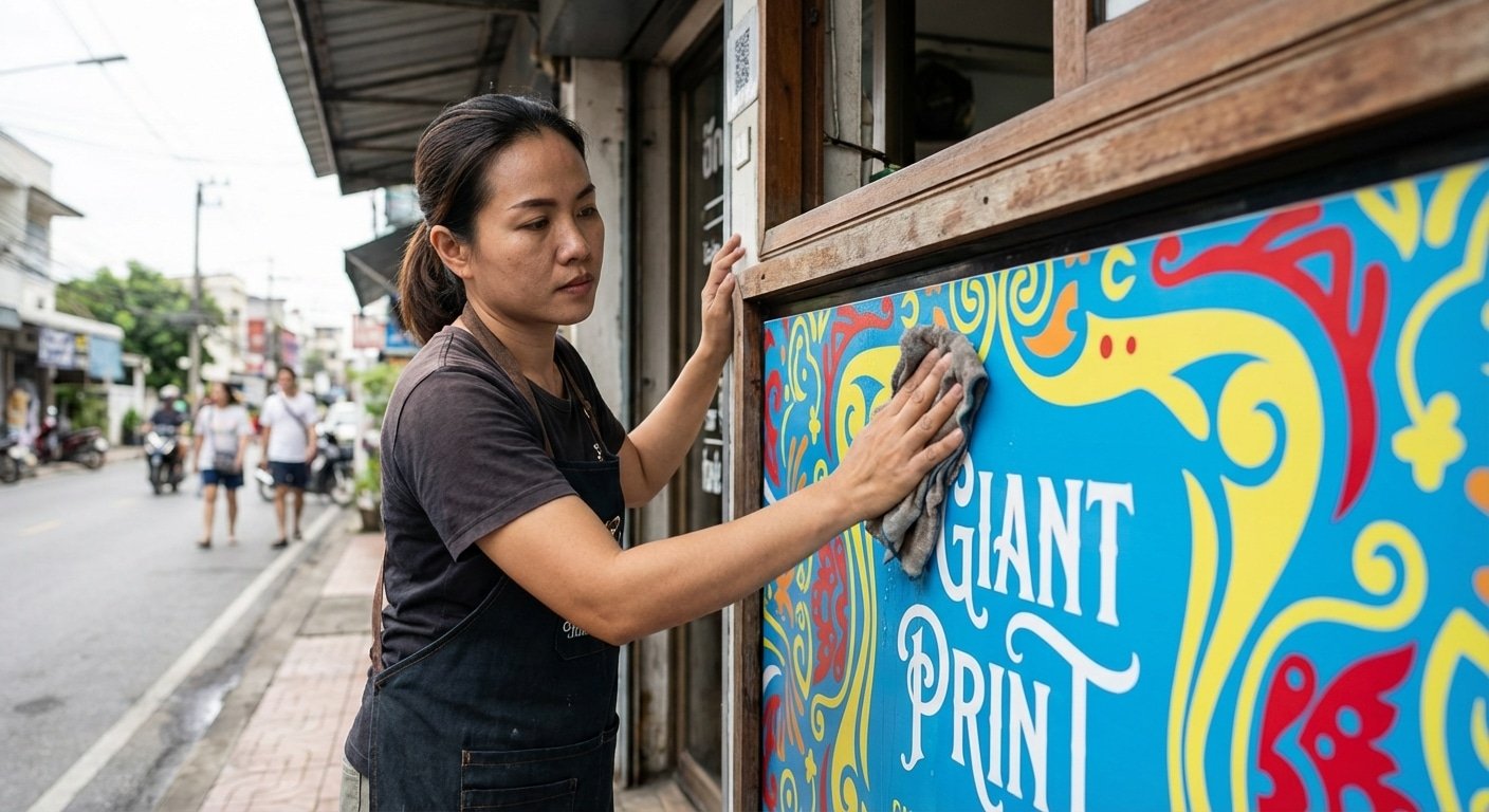 วิธีดูแลป้ายไวนิลและสติ๊กเกอร์หน้าร้านให้สีสดทนนาน - outdoor-sign-sticker-maintenance