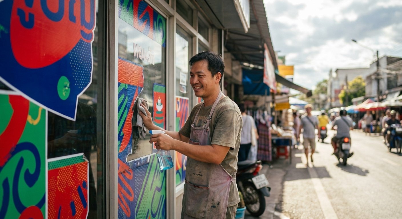 วิธีดูแลป้ายไวนิล-สติ๊กเกอร์หน้าร้าน ให้สีสดทนแดดปี 2026 - outdoor-sign-sticker-maintenance
