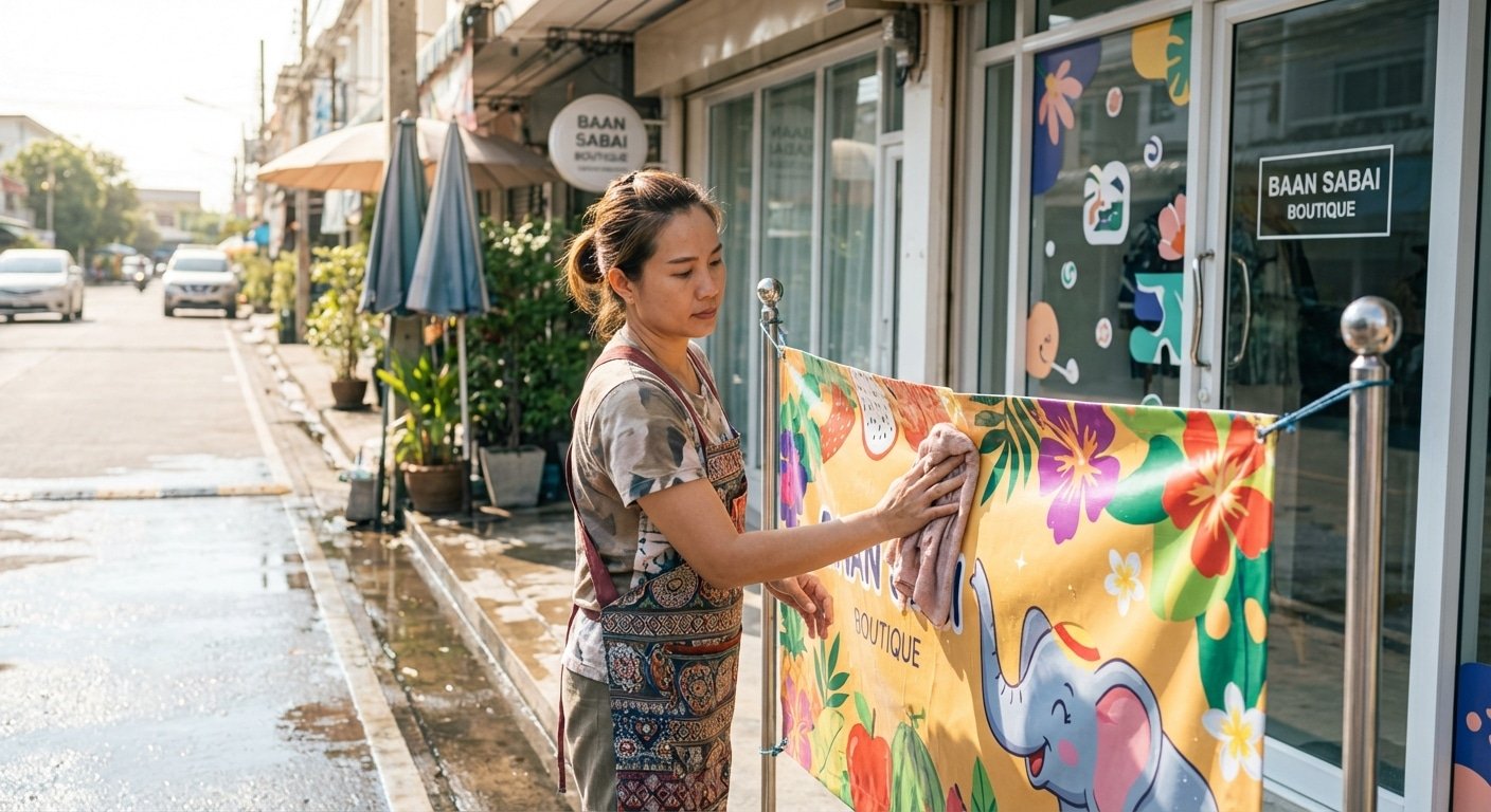 เคล็ดลับดูแลป้ายไวนิล-สติ๊กเกอร์หน้าร้าน ให้สีสดท้าแดดฝน! - outdoor-sign-sticker-maintenance