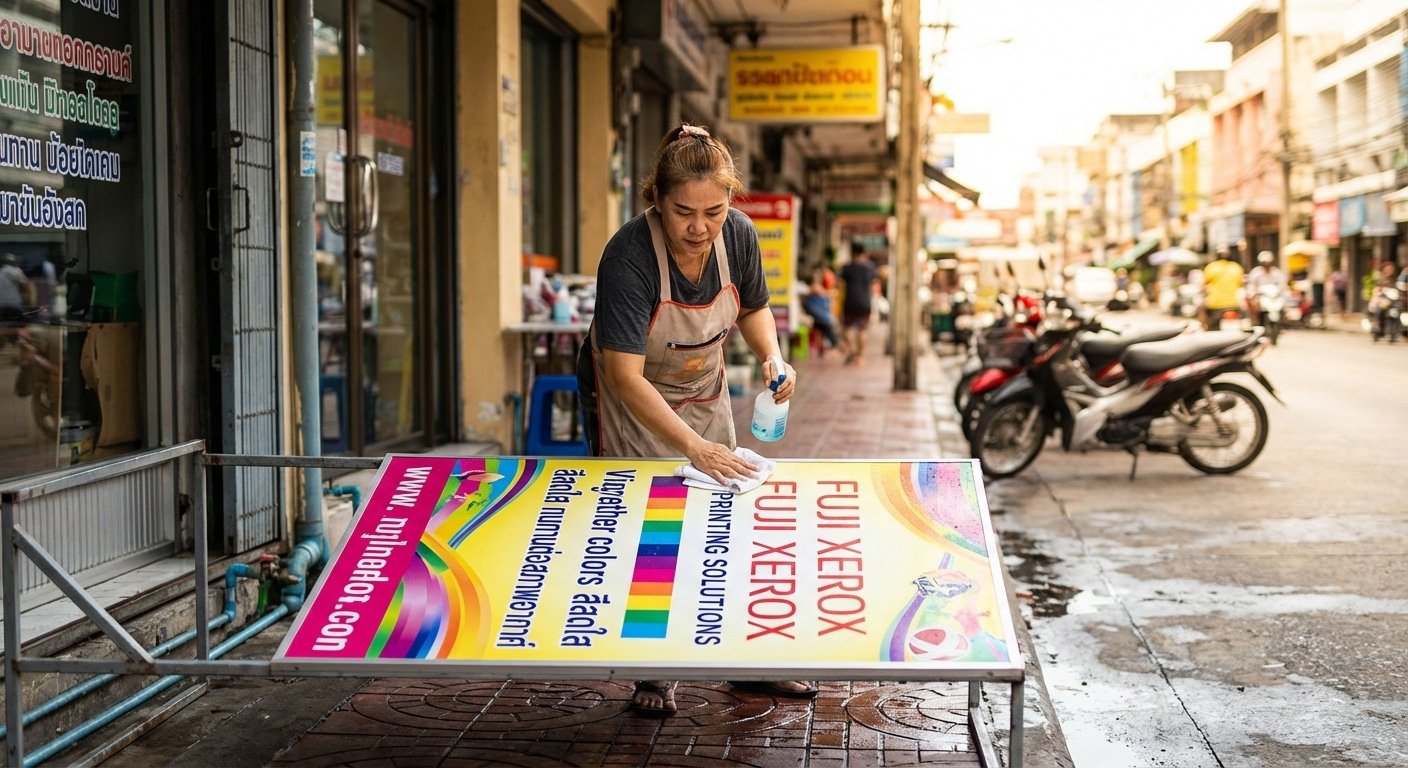 วิธีดูแลป้ายไวนิลและสติ๊กเกอร์หน้าร้านให้สีสดทนแดดสู้ฝน - outdoor-sign-sticker-maintenance-tips