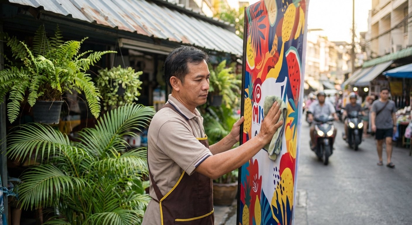 4 ทริคดูแลป้ายไวนิลและสติ๊กเกอร์หน้าร้าน ให้สีสดทนแดดทนฝน - outdoor-sign-sticker-maintenance