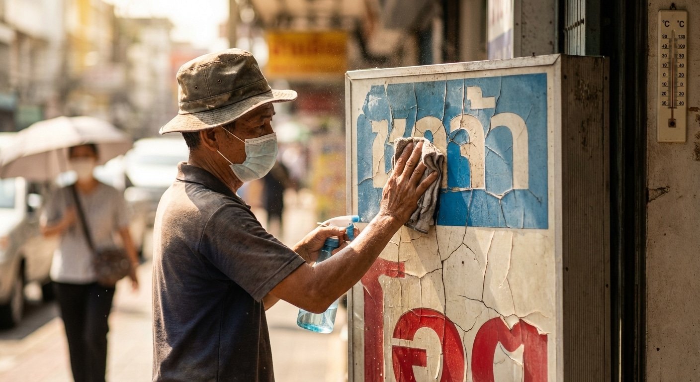 แดดเลียจนซีด? 5 วิธีดูแล 'ป้ายไวนิล-ตู้ไฟ' หน้าร้านปี 2026 ให้อึดถึกทน ไม่กรอบแตก - outdoor-signage-maintenance-tips-2026-uv-protection