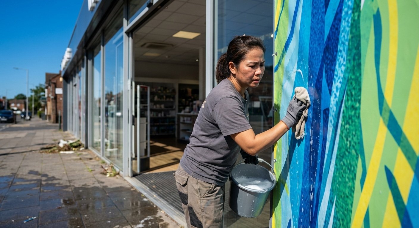 วิธีดูแลป้ายไวนิล-สติ๊กเกอร์หน้าร้าน ทนแดดฝนปี 2026 - outdoor-signage-maintenance-tips