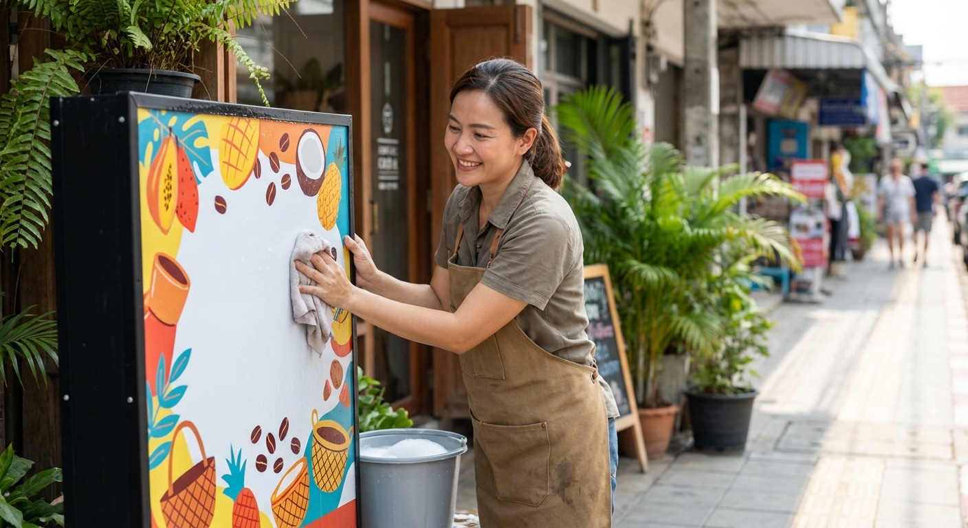 วิธีดูแลป้ายโฆษณาหน้าร้าน ให้สีสดทนแดด ยืดอายุใช้งาน - outdoor-signage-maintenance-tips