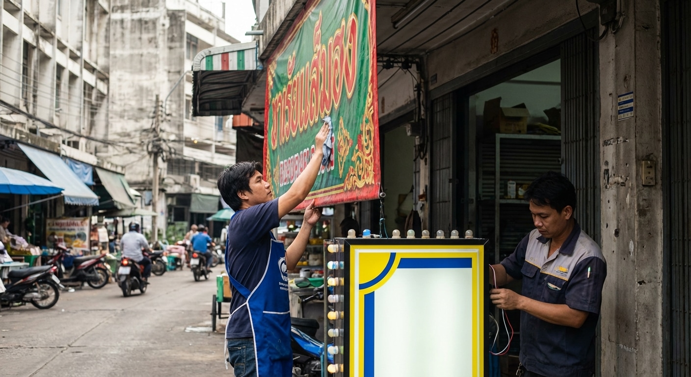 ป้ายหน้าร้านเก่าเร็ว? 5 เทคนิคดูแล 'ป้ายไวนิล-กล่องไฟ' ให้สีสดใหม่ ไม่ต้องเปลี่ยนบ่อย - outdoor-signage-maintenance-tips-long-lasting-color