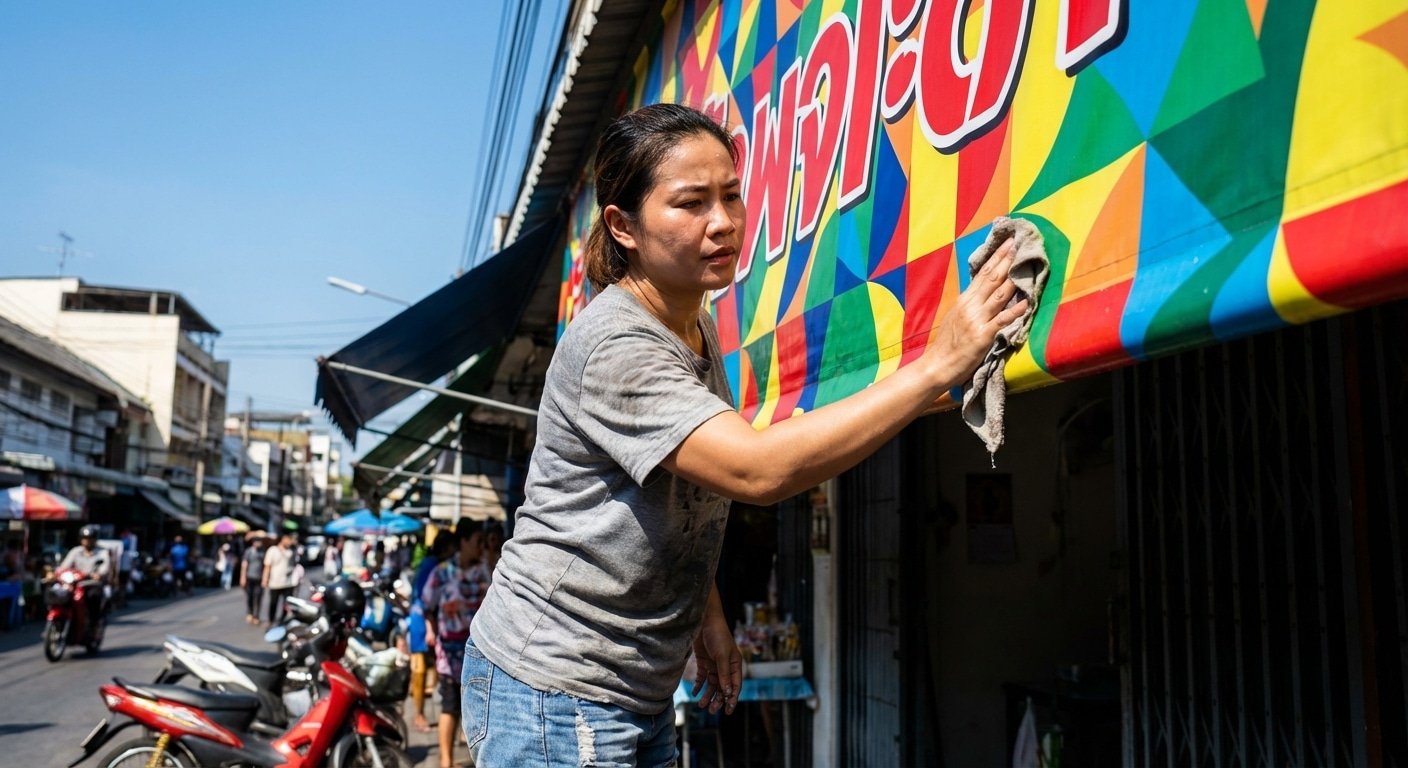 เคล็ดลับดูแลป้ายไวนิล-สติ๊กเกอร์หน้าร้านให้สีสด ท้าแดด 2026 - outdoor-signage-sticker-care