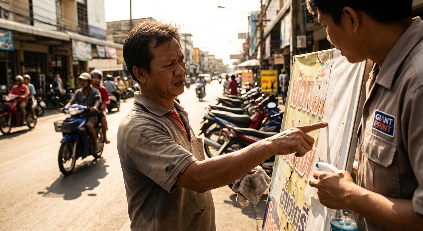 ป้ายสีซีดทำไง? 5 วิธีดูแล 'ป้ายไวนิล-สติ๊กเกอร์' สู้แดดปี 2026 - outdoor-signage-sticker-maintenance-2026