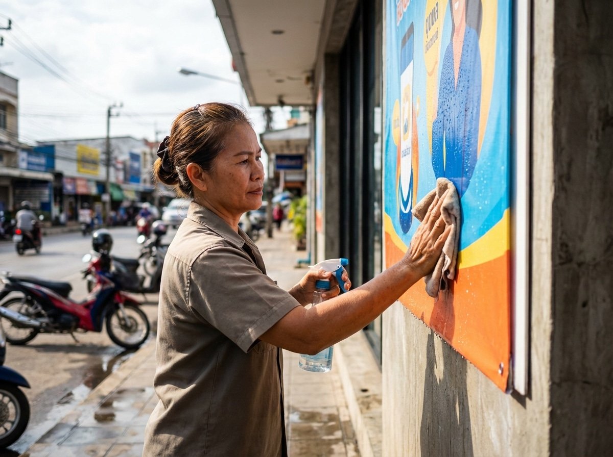 ทริคดูแลป้ายโฆษณาและสติ๊กเกอร์หน้าร้าน ให้สีสดทนแดดฝน - outdoor-signage-sticker-maintenance