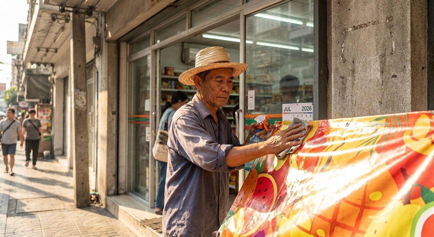 ทริคดูแลป้ายไวนิล-สติ๊กเกอร์หน้าร้าน ท้าแดดเมืองไทย 2026 - outdoor-signage-sticker-maintenance