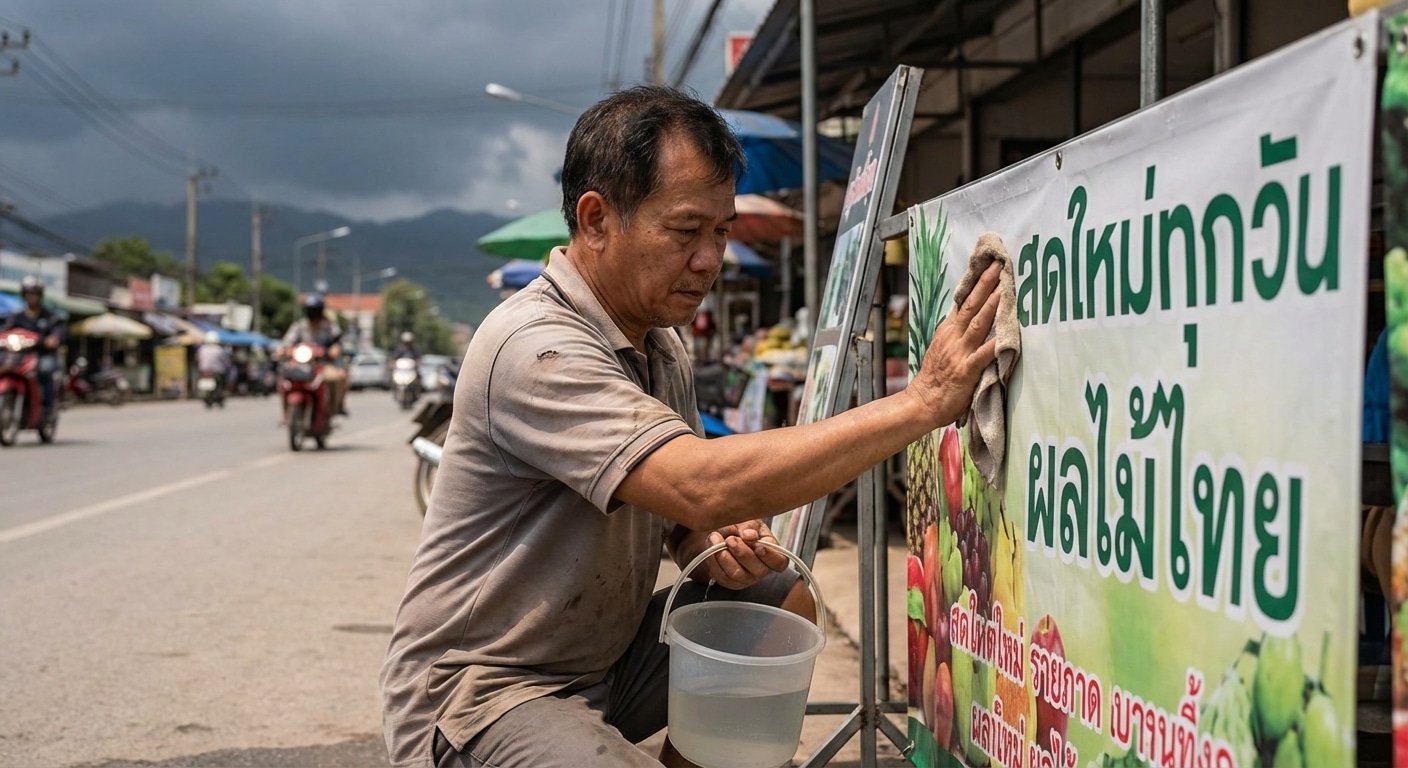 วิธีดูแลป้ายไวนิล-สแตนดี้รับพายุฤดูร้อน 2026 ให้อายุยืนยาว - outdoor-signage-summer-maintenance