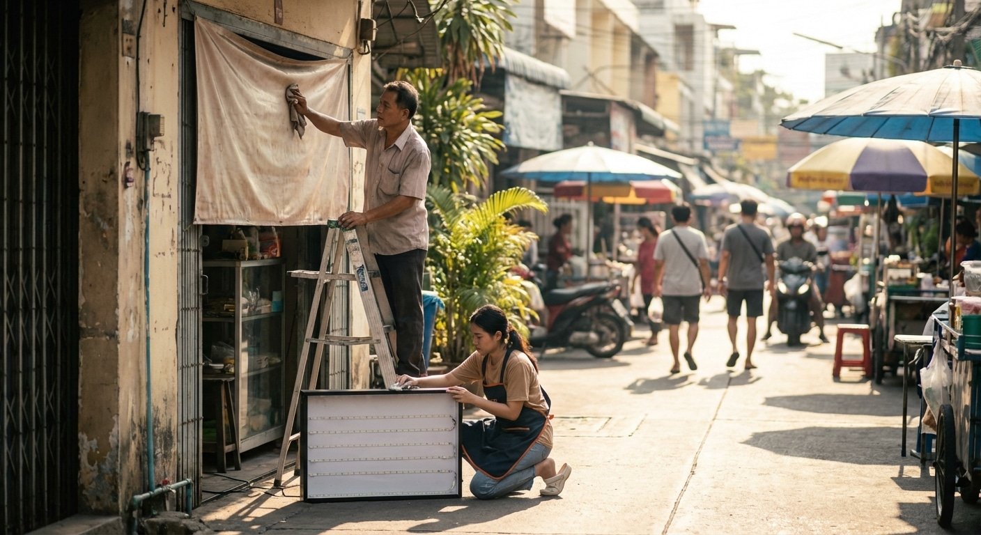 ป้ายหน้าร้านเก่าเร็วเพราะดูแลผิดวิธี? 4 เทคนิคยืดอายุ 'ป้ายไวนิล-ตู้ไฟ' สู้แดดเมืองไทย 2026 - outdoor-signage-vinyl-lightbox-maintenance-tips-2026
