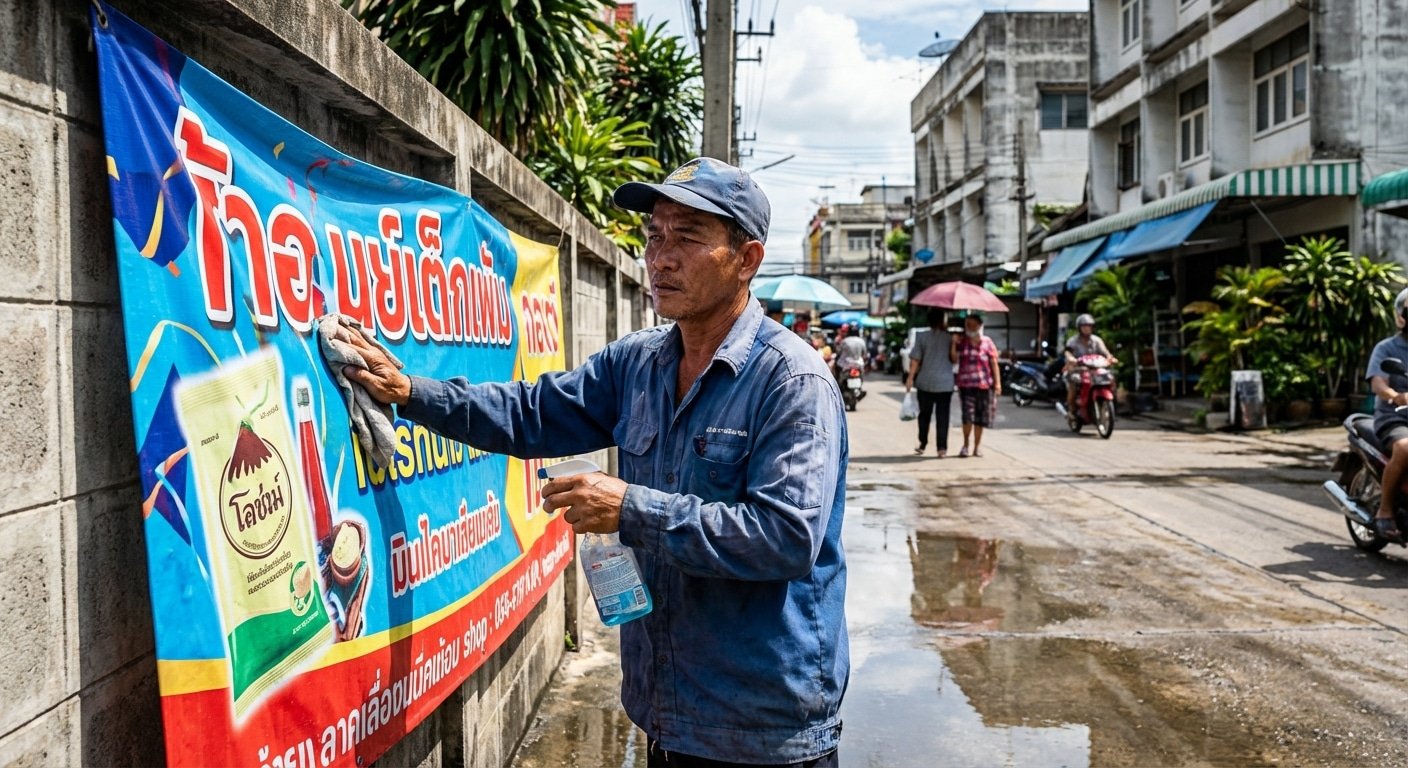 ดูแลป้ายโฆษณาหน้าร้านปี 2026 อย่างไรให้สีสด ท้าแดดท้าฝน! - outdoor-signage-vinyl-maintenance-2026