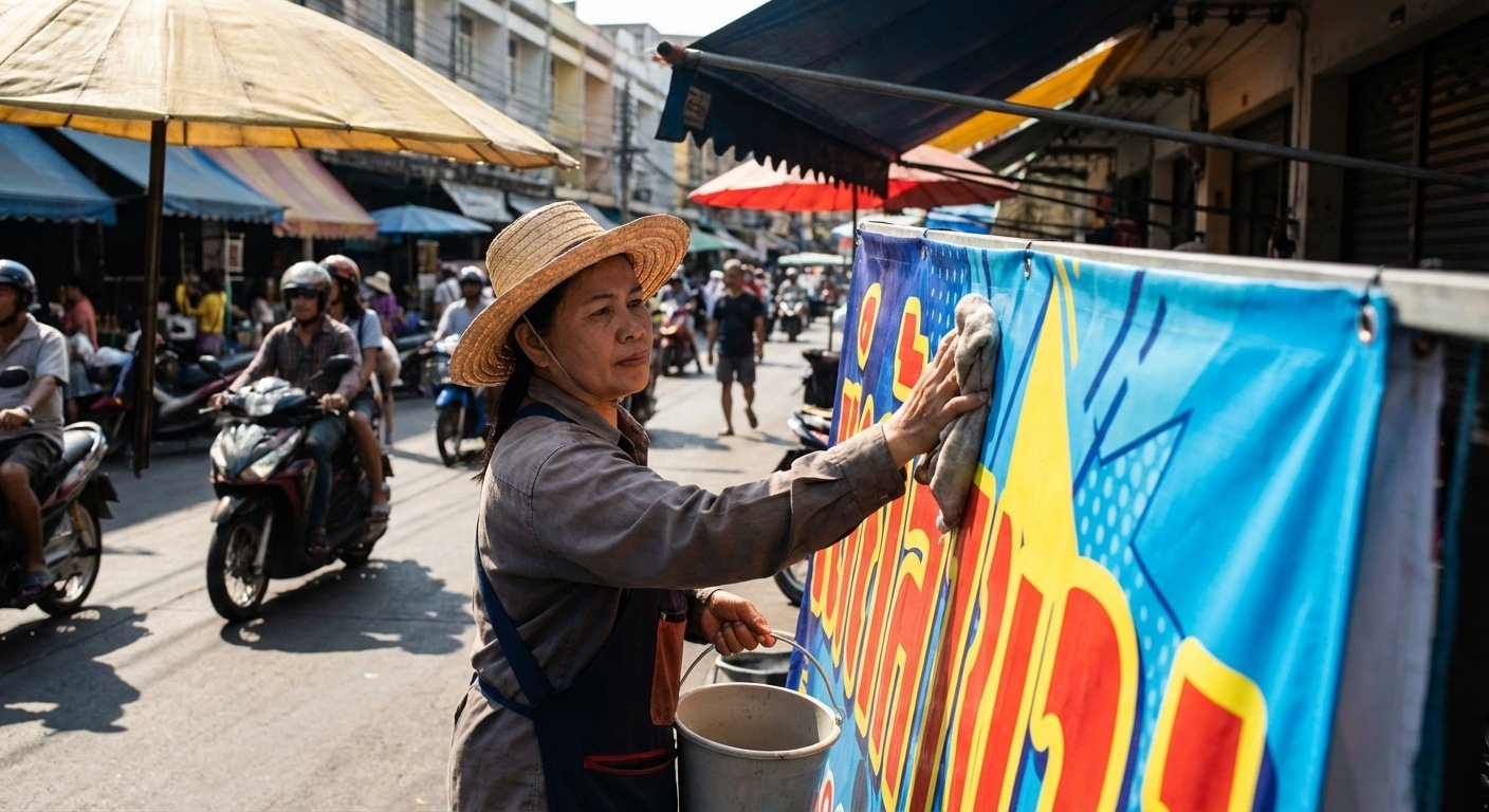 ป้ายซีดไวทำไงดี? 5 วิธีดูแล 'ป้ายไวนิล-สติ๊กเกอร์หน้าร้าน' ให้สีสด ไม่กรอบแตก สู้แดดปี 2026 - outdoor-signage-vinyl-maintenance-tips-2026