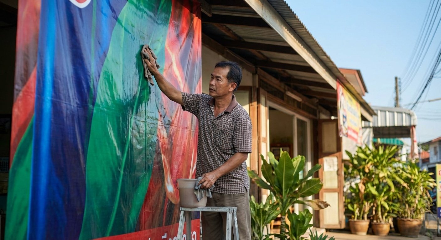 ทริคดูแลป้ายโฆษณาหน้าร้าน ยืดอายุไวนิล สีสดทนแดดทนฝน! - outdoor-vinyl-banner-maintenance