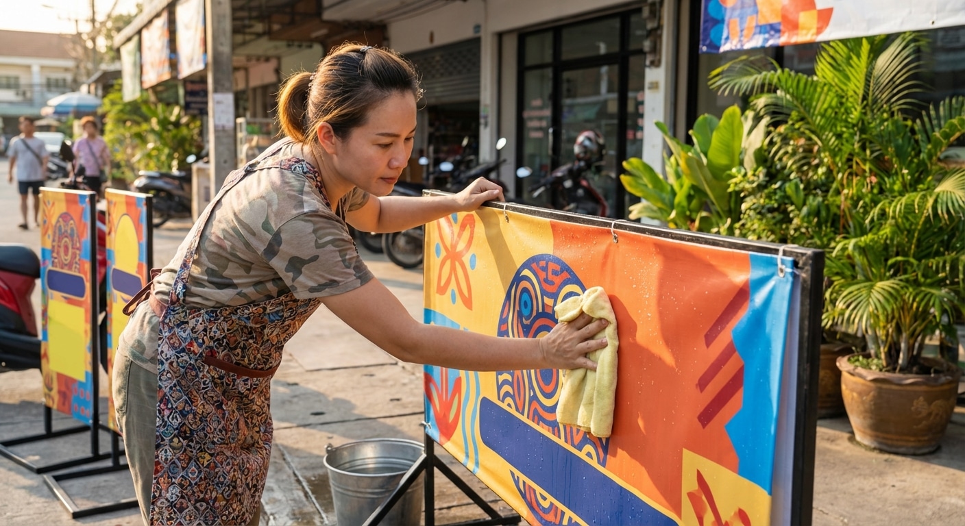 ทริคดูแลป้ายไวนิลหน้าร้านให้สีสดทนแดด ไม่ซีดไว ฉบับ SME - outdoor-vinyl-banner-maintenance-tips