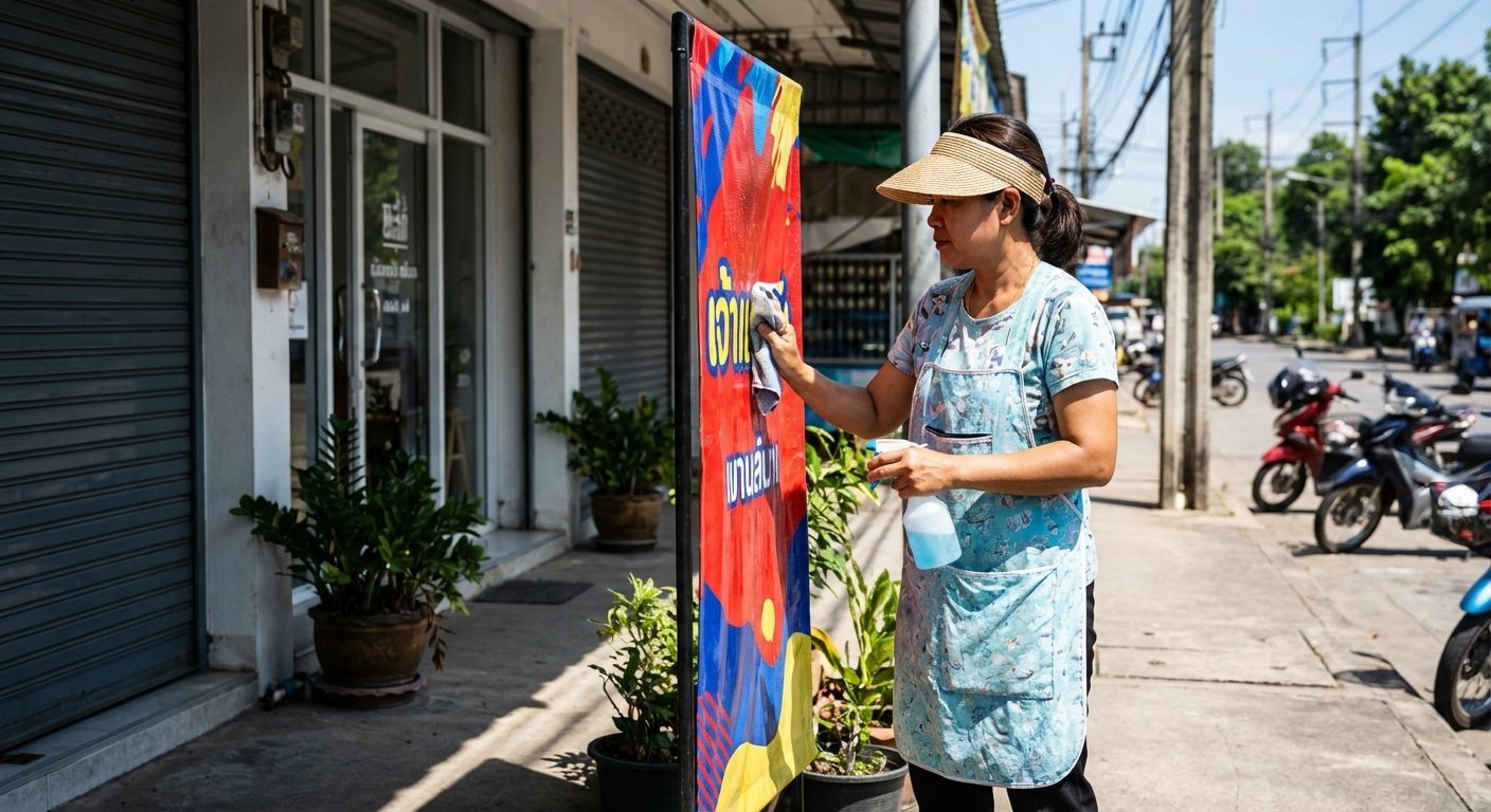 วิธีดูแลป้ายไวนิลหน้าร้านรับหน้าร้อน 2026 ให้สีสดสู้แดด - outdoor-vinyl-sign-maintenance