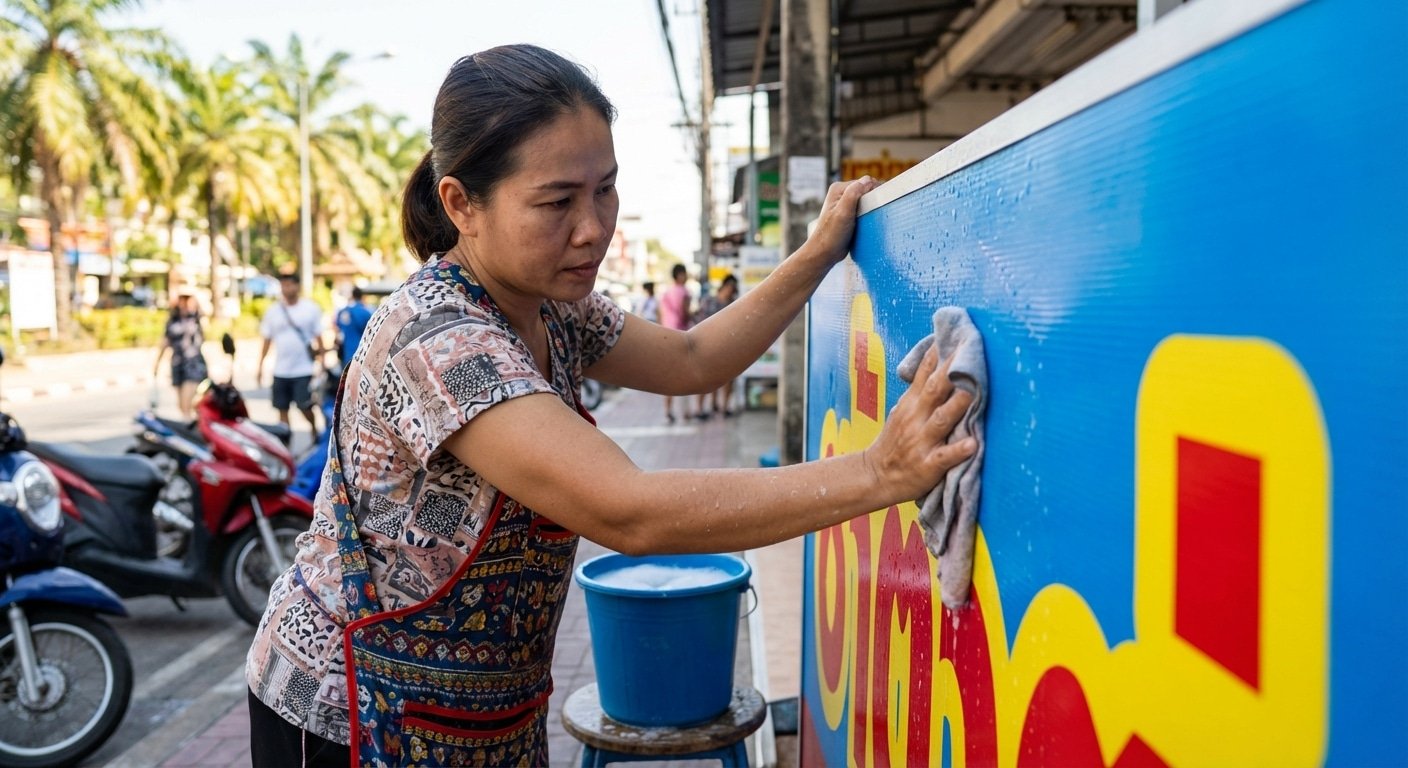 วิธีดูแลป้ายไวนิลหน้าร้านให้สีสด ทนแดดทนฝน ยืดอายุการใช้งาน - outdoor-vinyl-sign-maintenance-tips