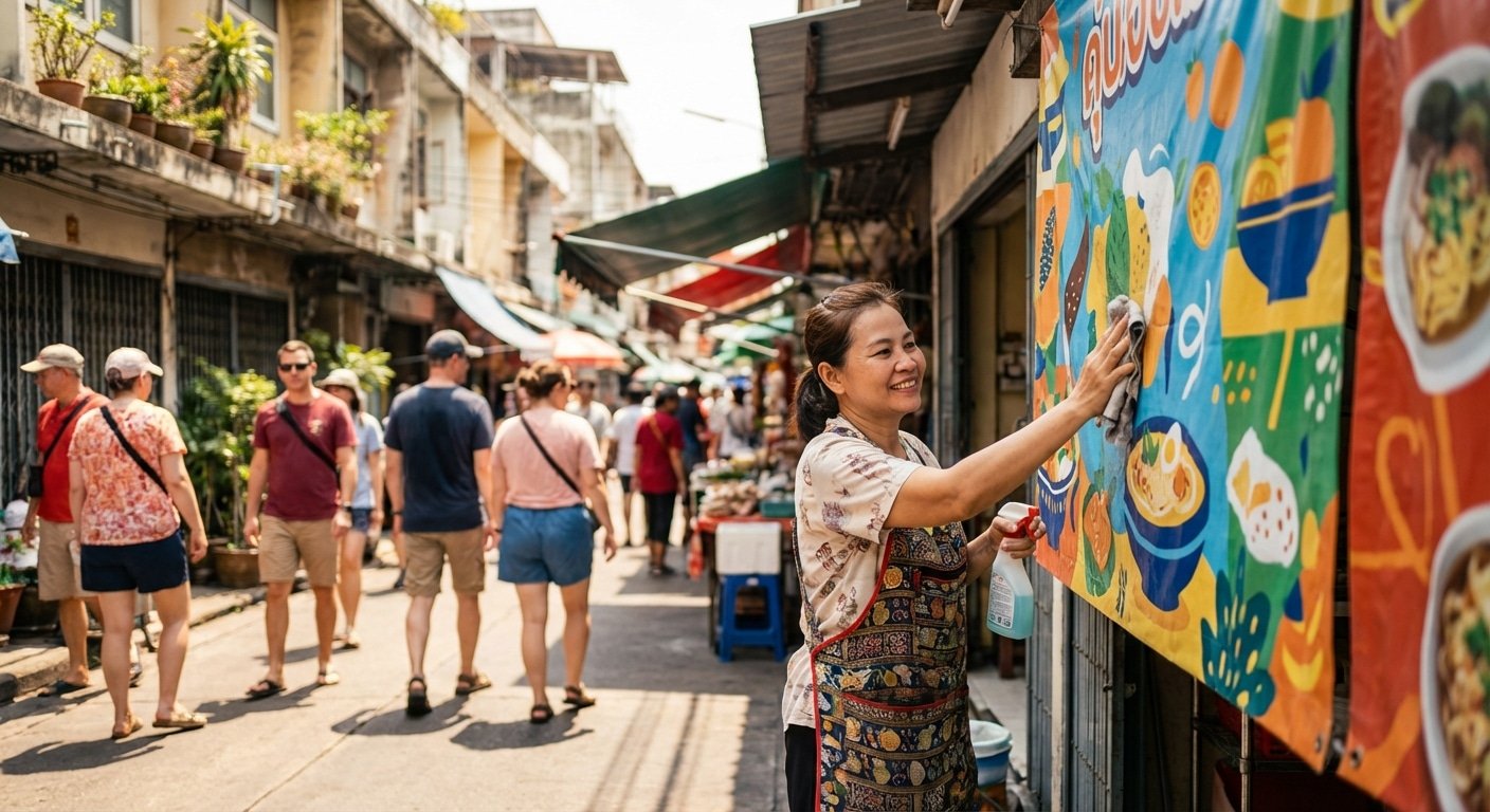 วิธีดูแลป้ายไวนิลหน้าร้านรับหน้าร้อน 2026 ให้สีสดทนทาน - outdoor-vinyl-signage-maintenance