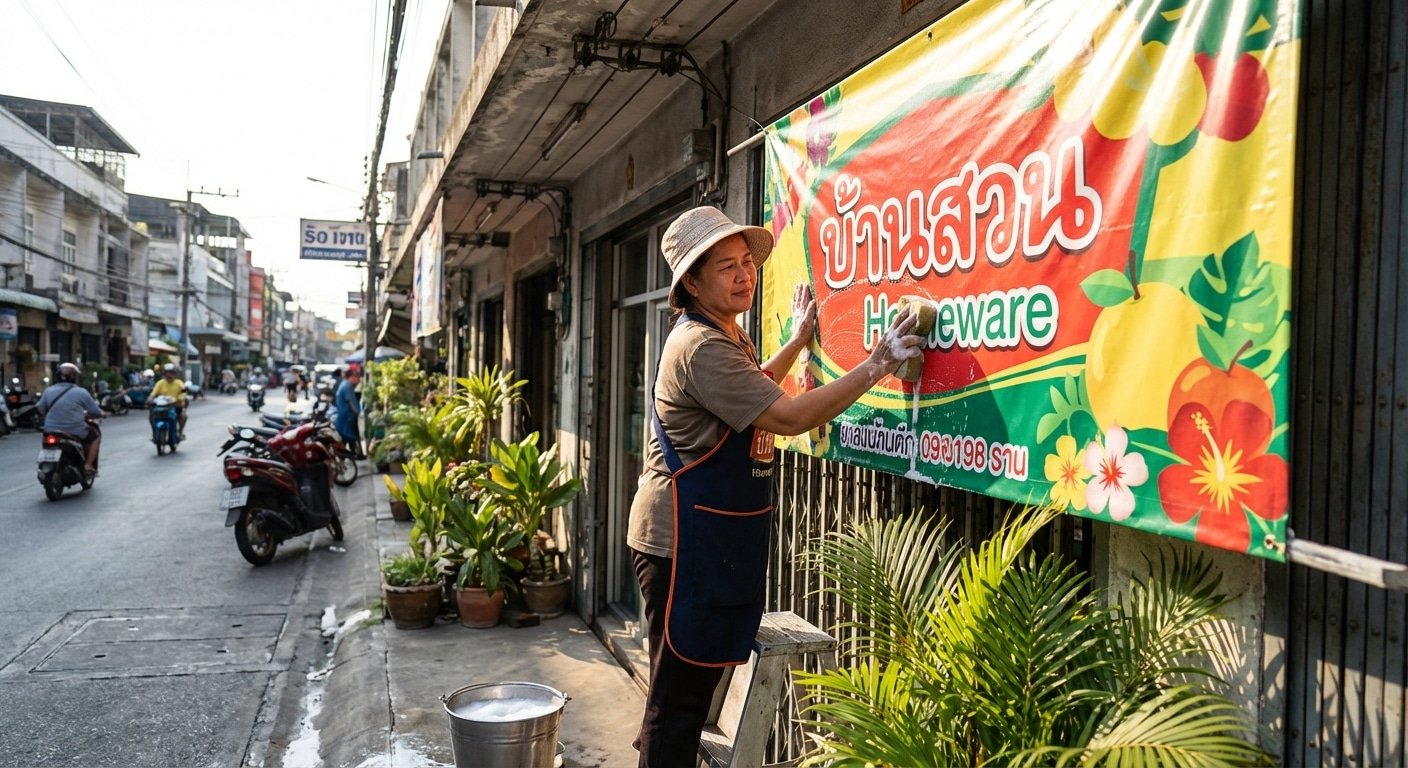 ทริคดูแลป้ายไวนิลหน้าร้าน ให้สีสดทนแดดทนฝน ยืดอายุใช้งาน - outdoor-vinyl-signage-maintenance