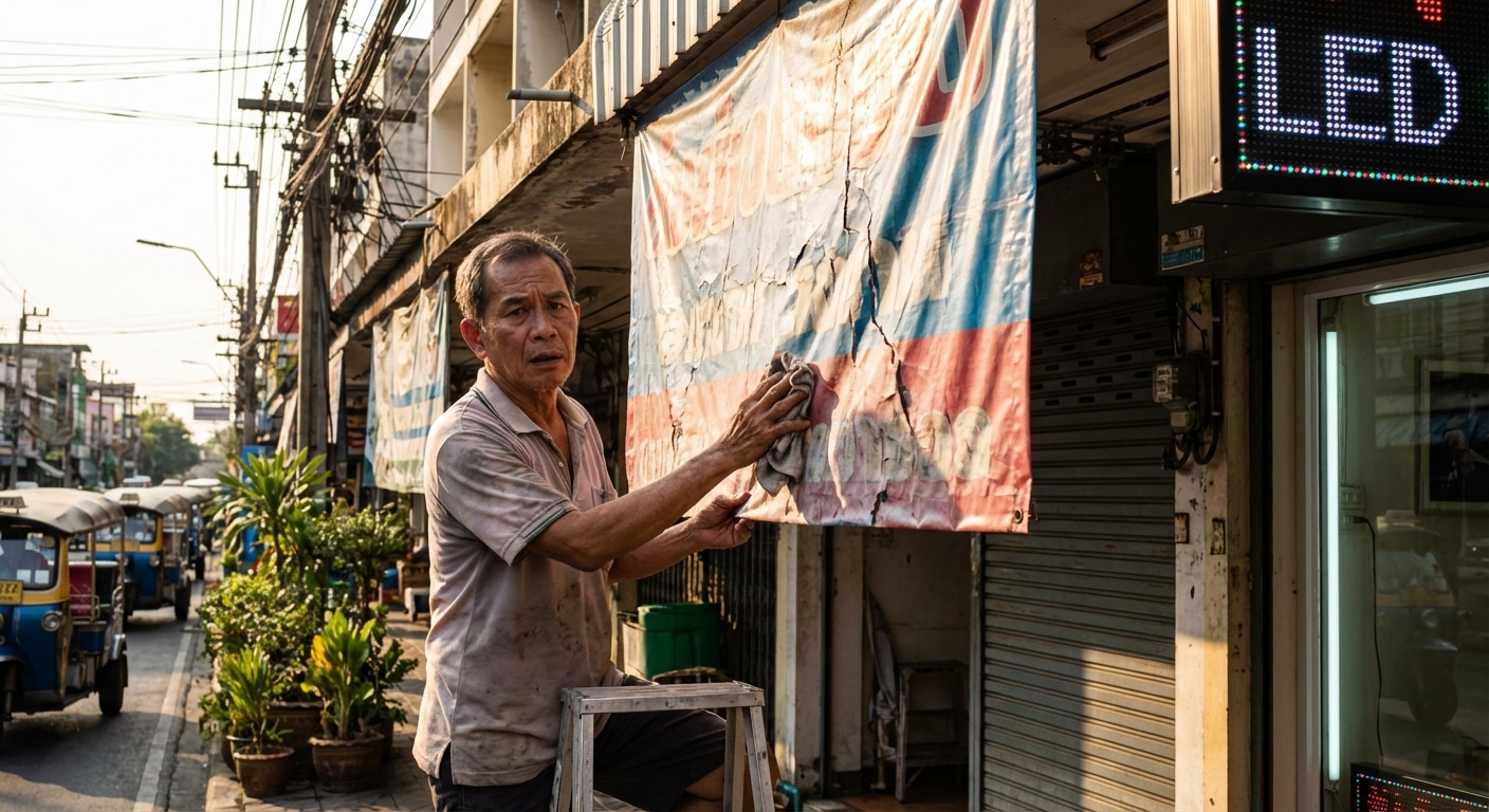 ป้ายไวนิลซีดไวเพราะแดดเลีย! 4 วิธีดูแล 'ป้ายหน้าร้าน' ให้สีสดเหมือนใหม่ ยืดอายุใช้งานปี 2026 - outdoor-vinyl-signage-maintenance-tips-2026