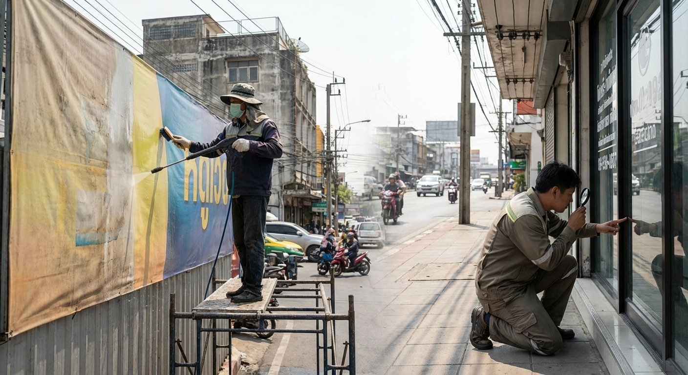 ป้ายไวนิลซีดไว! วิธีดูแลรักษาป้ายโฆษณา Outdoor ให้สีสดทนแดดปี 2026 - outdoor-vinyl-signage-maintenance-tips-2026