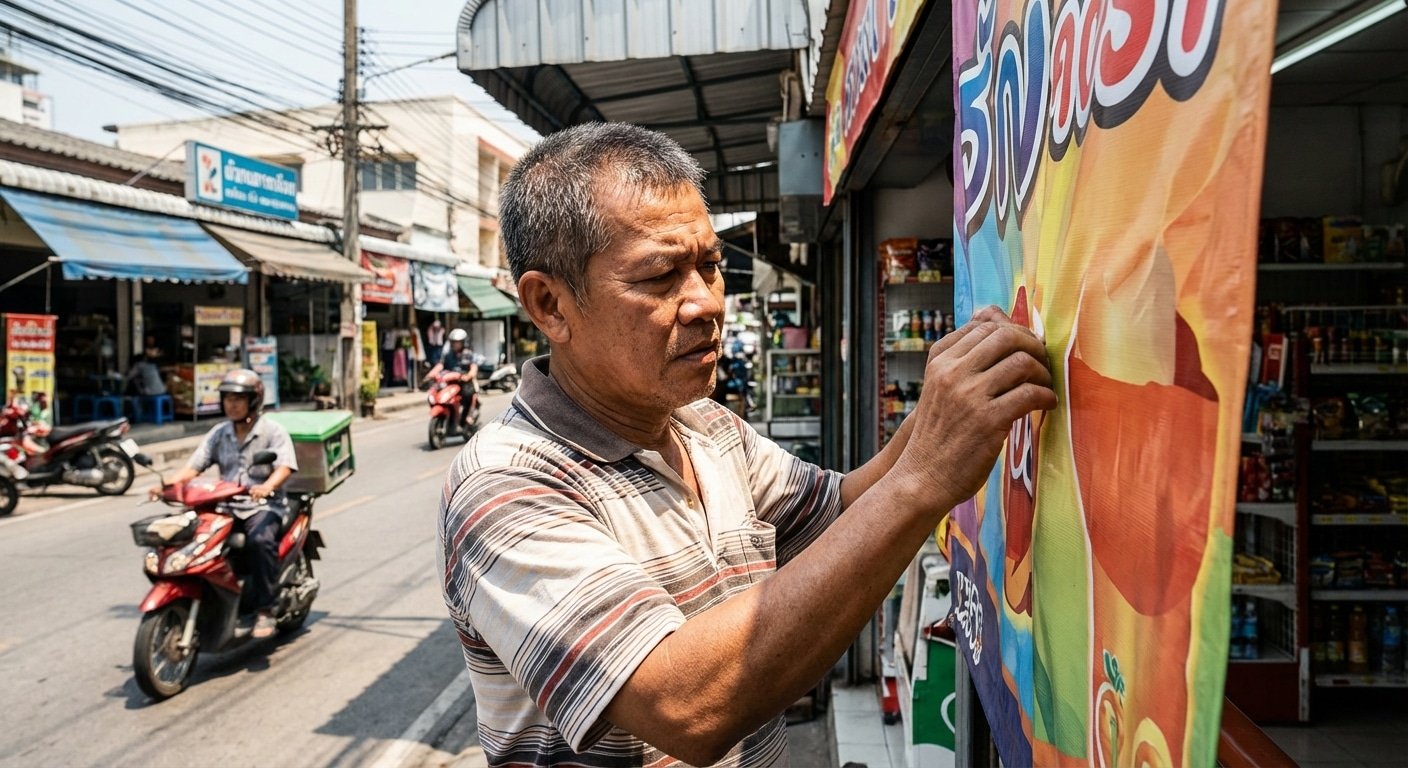 ป้ายซีดเร็วทำไง? 5 วิธีดูแลป้ายไวนิลหน้าร้านให้สีสด ทนแดดปี 2026 - outdoor-vinyl-signage-maintenance-tips-2026