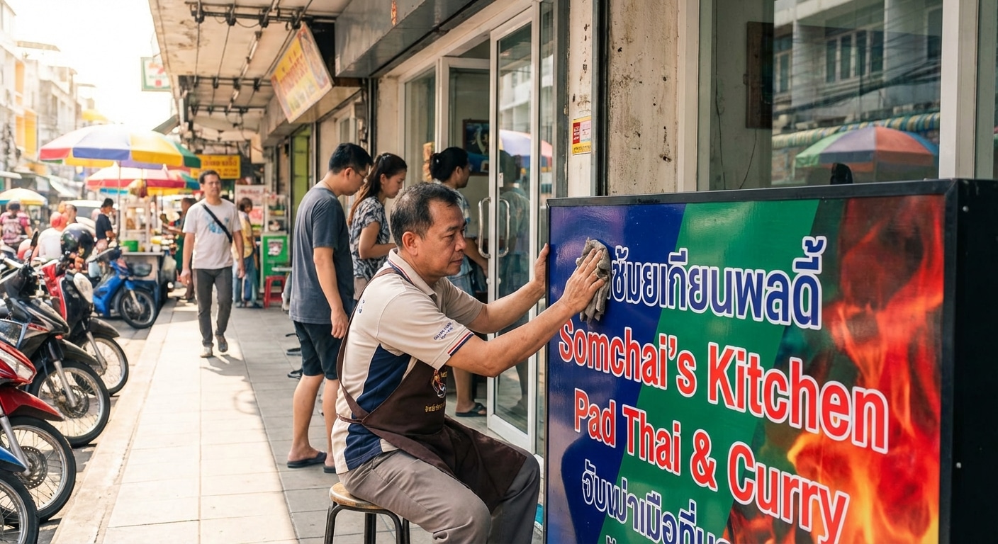 ป้ายหน้าร้านเก่าเร็ว? 5 วิธีดูแล 'ป้ายไวนิล' ให้สีสด ทนแดดฝน ไม่ต้องเปลี่ยนบ่อย - outdoor-vinyl-signage-maintenance-tips-long-lasting