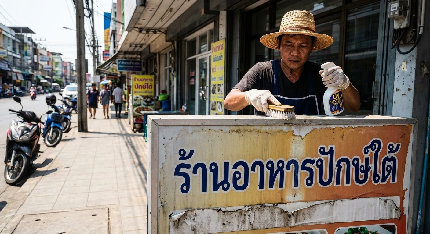 แดดแรงสีซีด! 5 วิธีดูแล 'ป้ายไวนิลหน้าร้าน' สู้ความร้อนปี 2026 ให้สวยทน ไม่กรอบแตก - outdoor-vinyl-signage-maintenance-tips-summer-2026