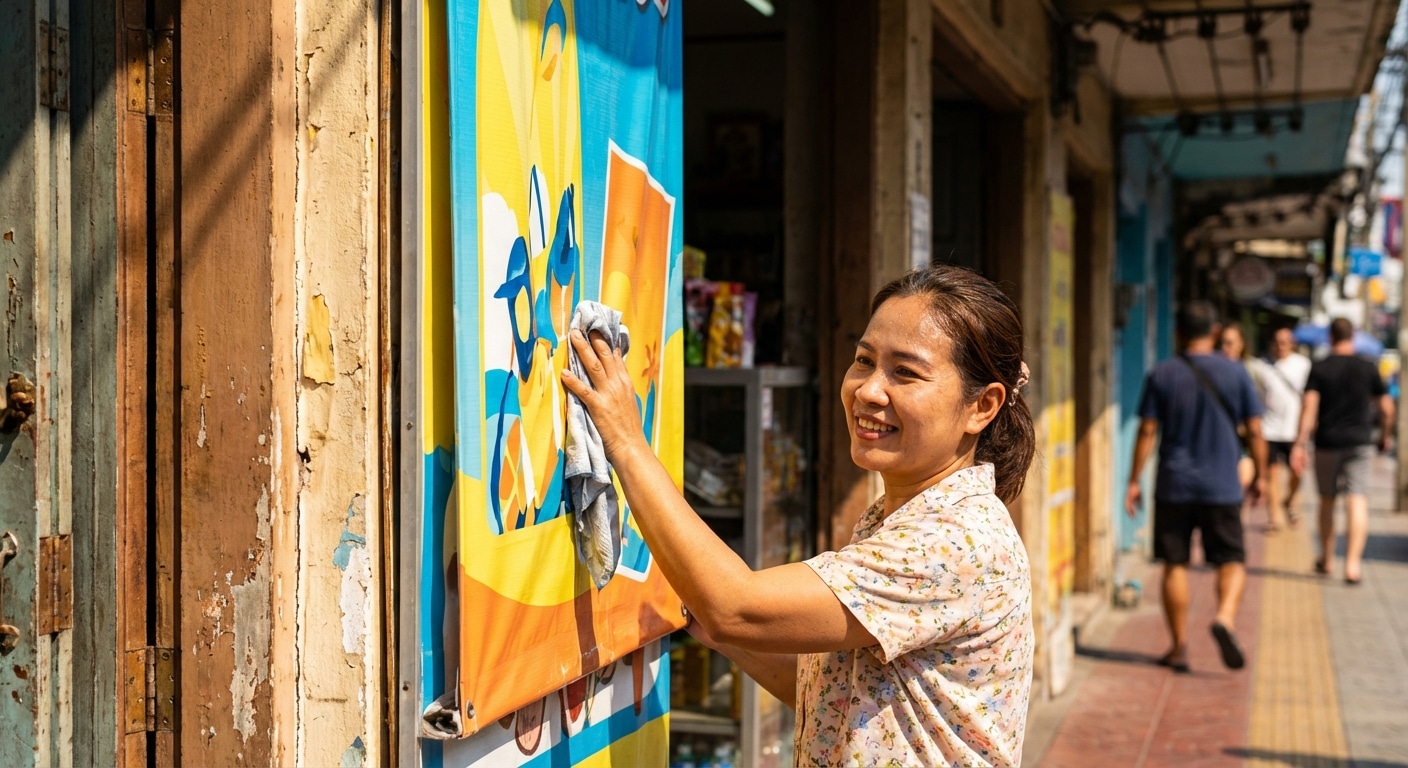 แดดเลีย สีซีด? 5 วิธีดูแล 'ป้ายไวนิลหน้าร้าน' ให้สีสด ไม่กรอบแตก รับลมร้อน 2026 - outdoor-vinyl-signage-maintenance-tips-summer-2026