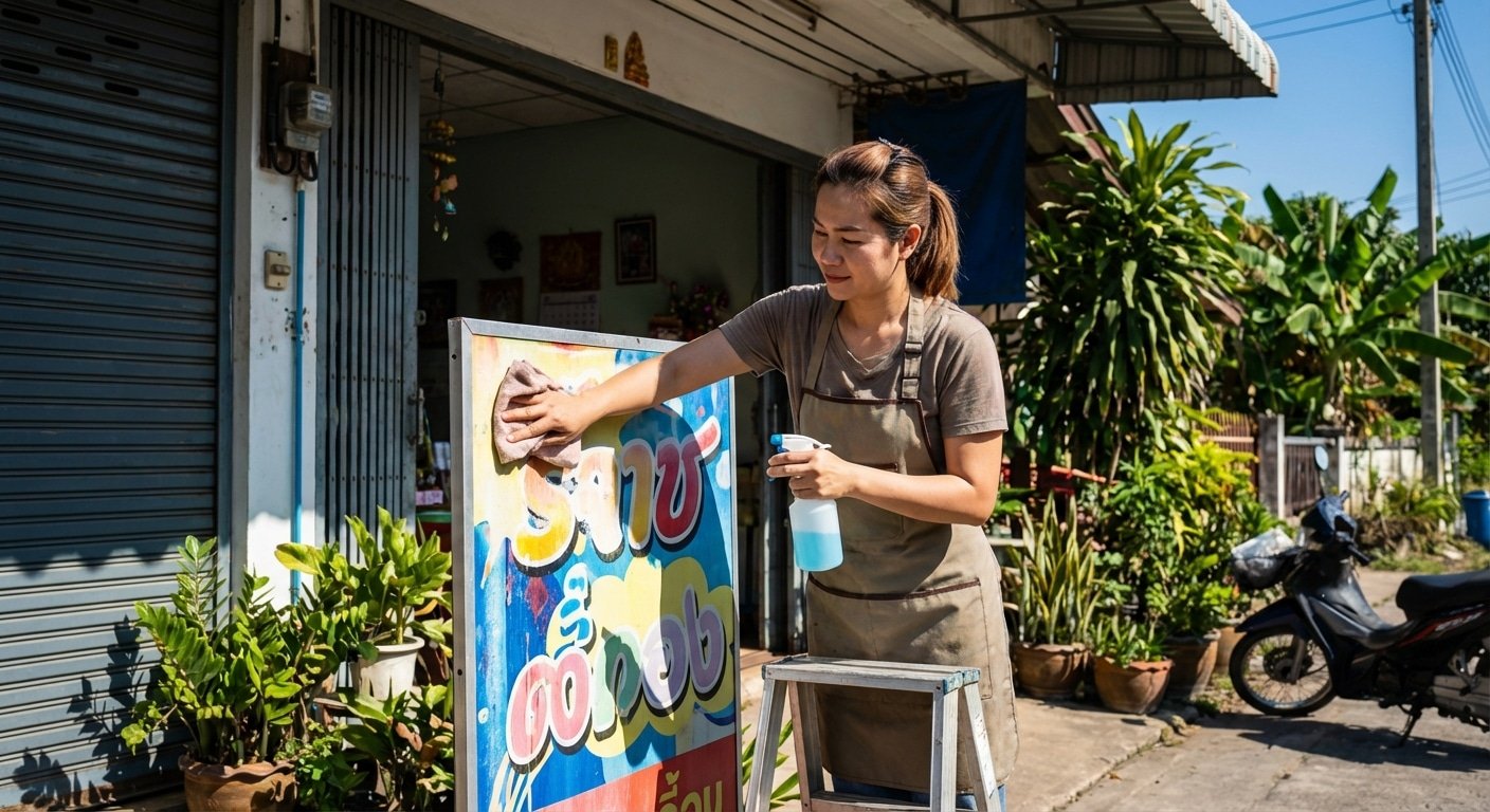 วิธีดูแลป้ายไวนิลและสติ๊กเกอร์หน้าร้าน ทนแดดฝนปี 2026 - outdoor-vinyl-sticker-care
