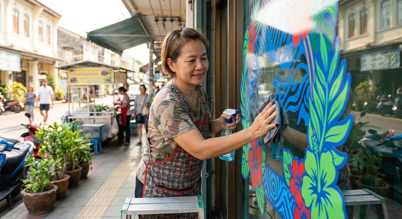 วิธีดูแลป้ายไวนิล-สติ๊กเกอร์หน้าร้าน ให้สีสดทนแดดนานหลายปี - outdoor-vinyl-sticker-care