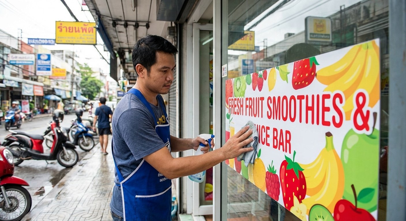 ทริคดูแลป้ายไวนิลและสติ๊กเกอร์หน้าร้าน ให้สีสดทนแดดทนฝน - outdoor-vinyl-sticker-care