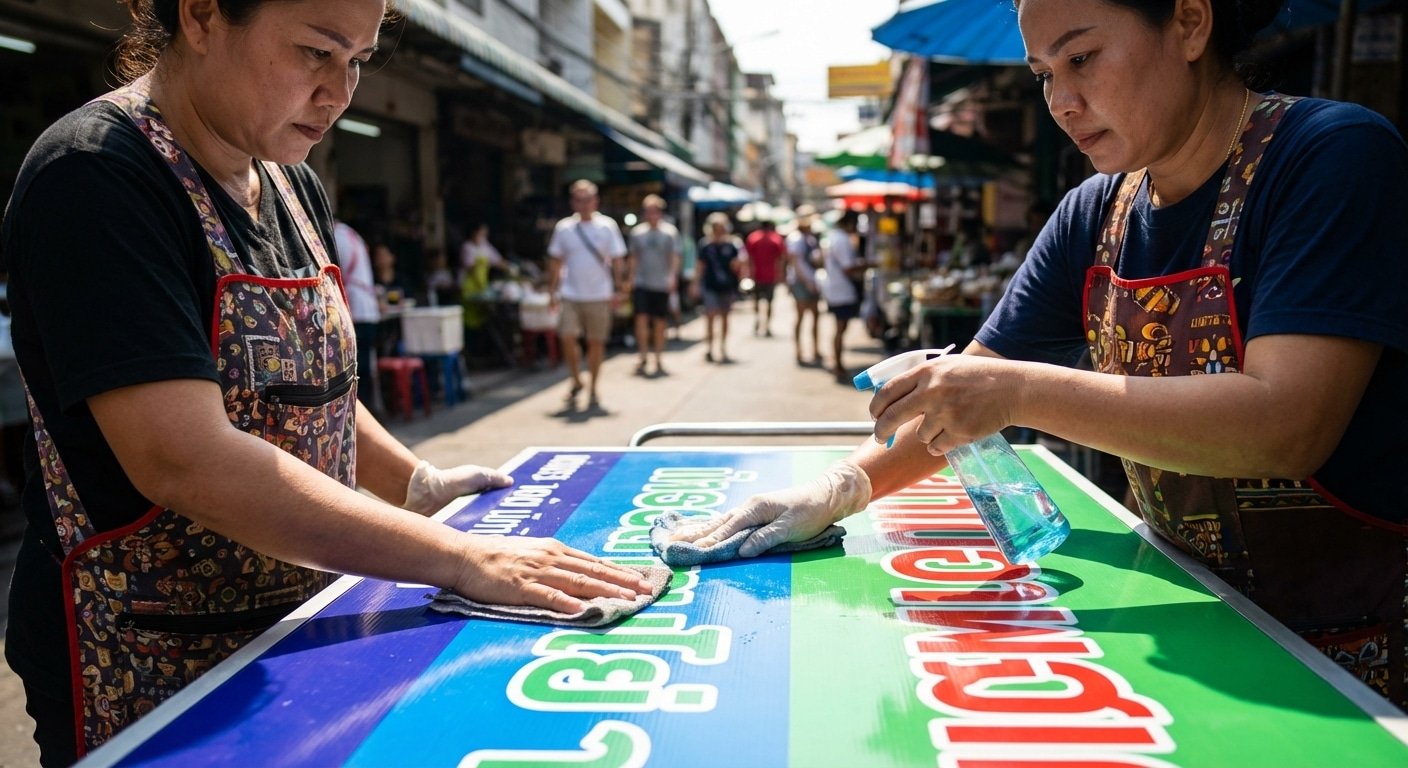 ทริคดูแลป้ายไวนิลและสติ๊กเกอร์ร้าน ให้สีสดสู้แดดเมืองไทย - outdoor-vinyl-sticker-maintenance