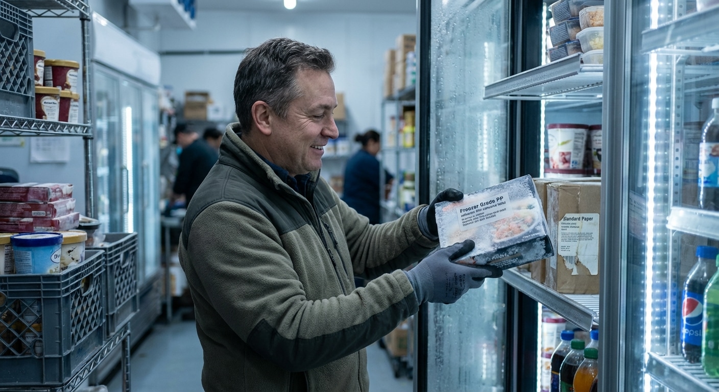 แช่ฟรีซแล้วหลุด? จบปัญหาด้วย 'สติ๊กเกอร์ PP กาวห้องเย็น' ตัวช่วย SME สายอาหารปี 2026 - pp-freezer-grade-sticker-frozen-food-sme-2026