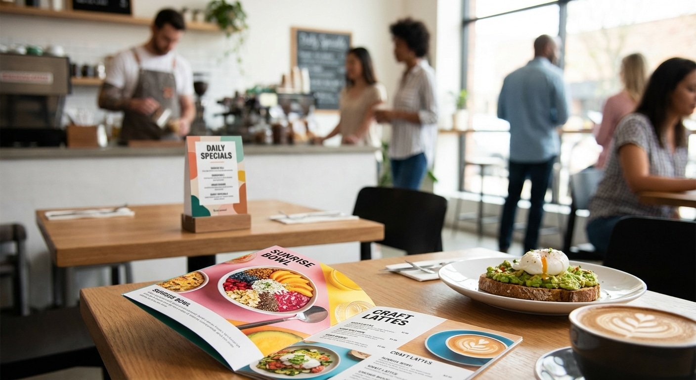 พิมพ์เมนูอาหารและป้ายตั้งโต๊ะให้สวยปัง อัปยอดขายร้าน - restaurant-menu-table-sign-printing