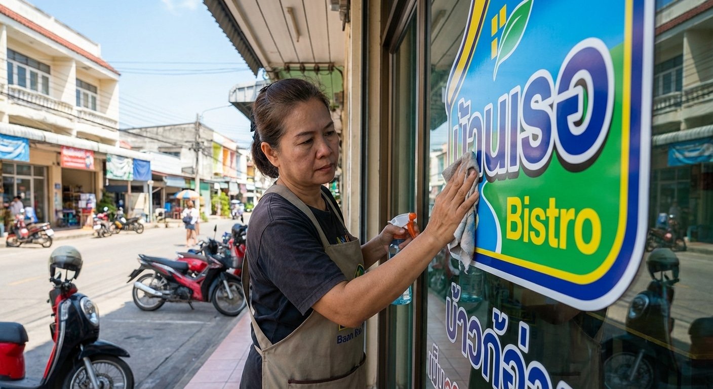 ทริคดูแลป้ายโฆษณาและสติ๊กเกอร์หน้าร้านให้สีสดทนแดด - shop-signage-vinyl-maintenance