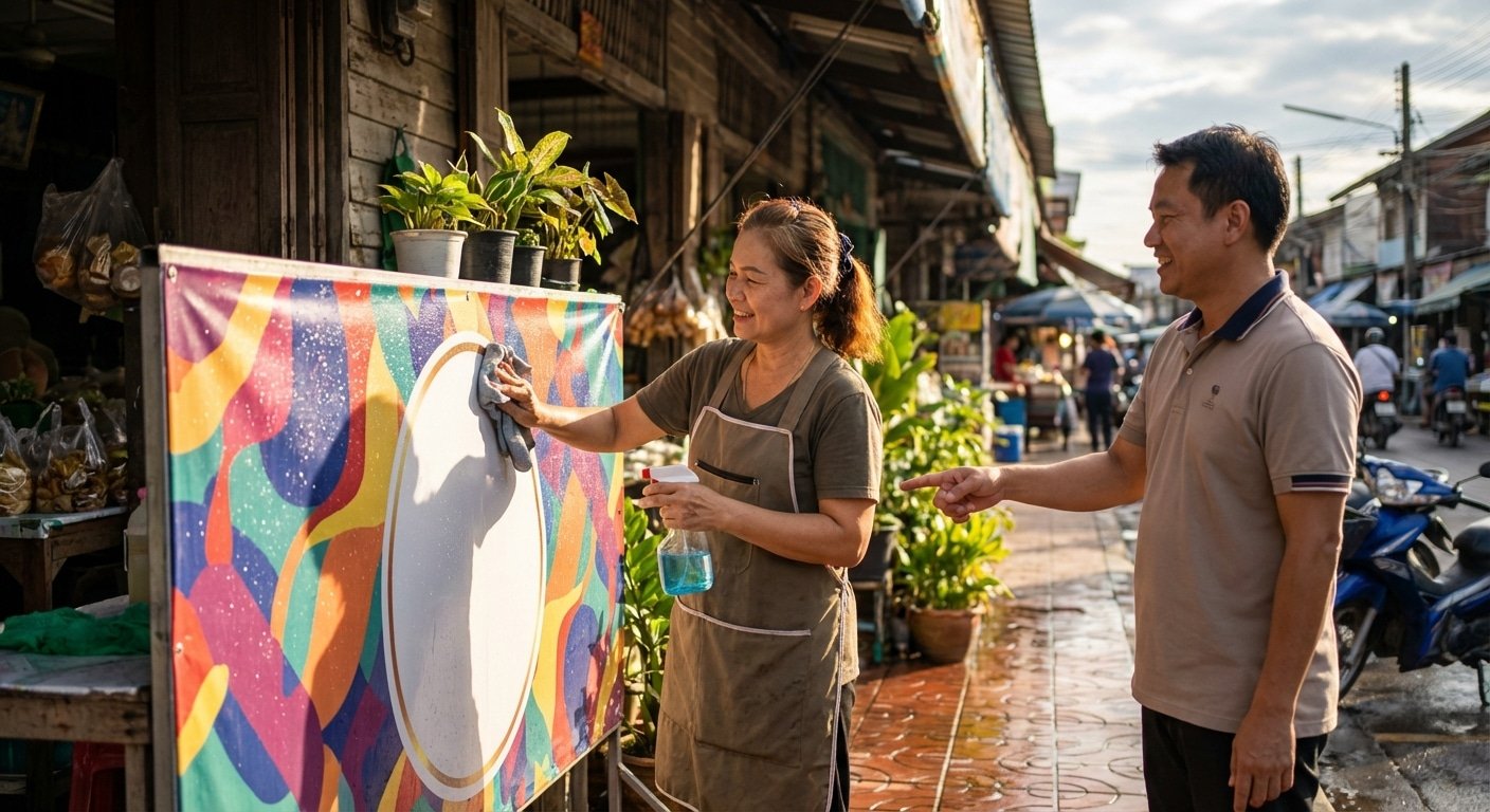 ทริคดูแลป้ายไวนิลหน้าร้าน ให้สีสวยทนแดดทนฝน ไม่ซีดจาง - shop-vinyl-sign-maintenance