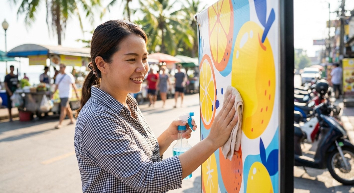 วิธีดูแลป้ายไวนิลและสติ๊กเกอร์ให้สีสดทนแดด รับซัมเมอร์ 2026 - summer-signage-sticker-maintenance