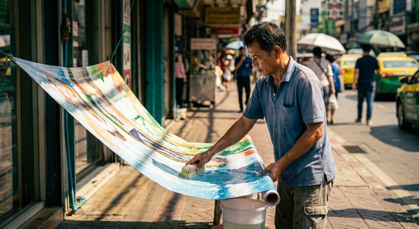 รับมือพายุฤดูร้อน 2026! วิธีดูแลป้ายไวนิลให้สีสดทนทาน - summer-vinyl-banner-maintenance