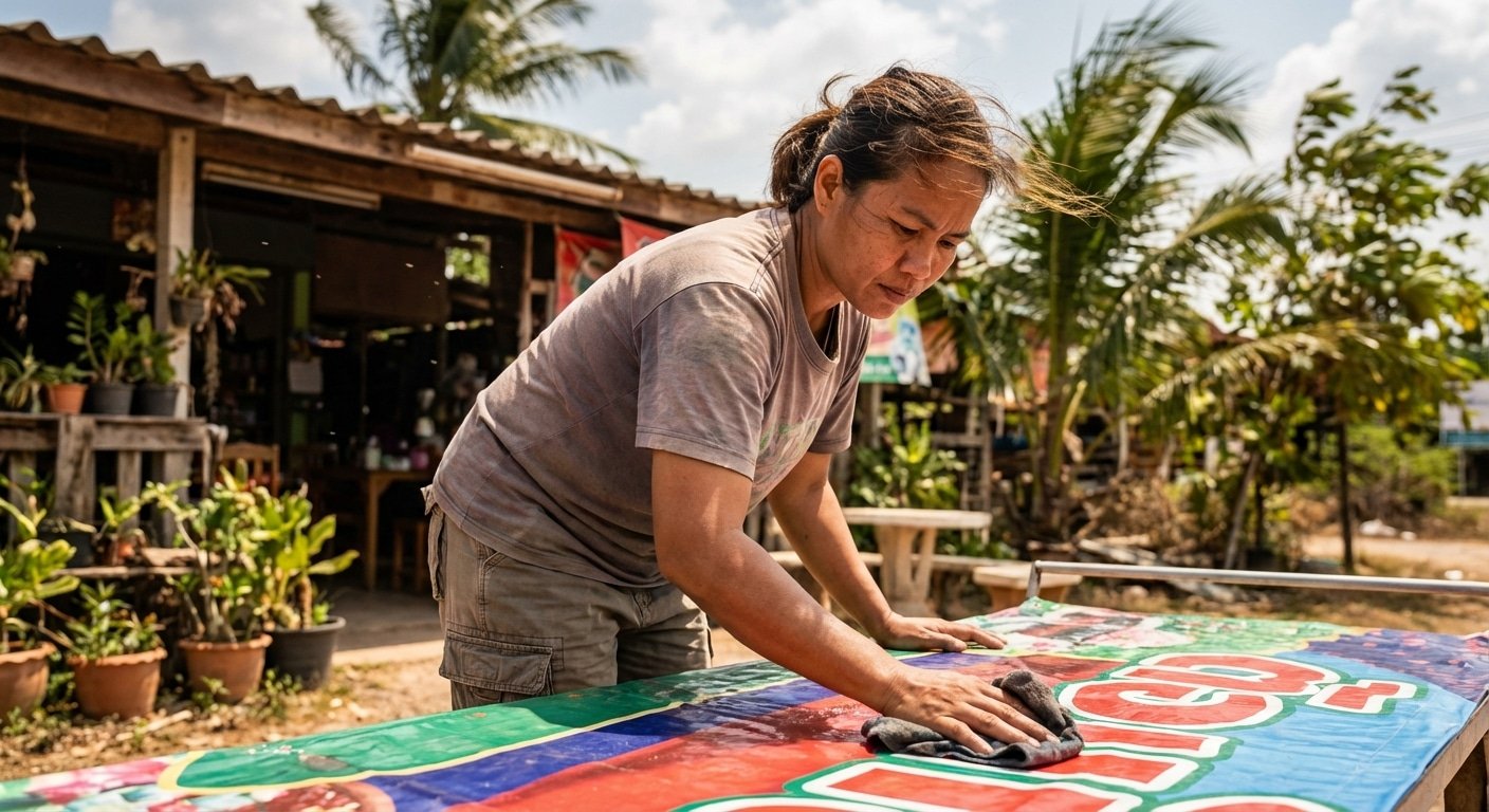 รับมือพายุฤดูร้อน! วิธีดูแลป้ายไวนิลหน้าร้านให้สีสดทนทาน - summer-vinyl-sign-maintenance