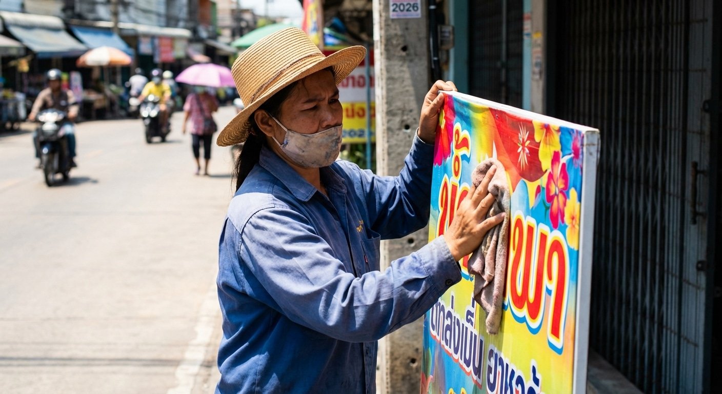 รับมือซัมเมอร์ 2026! วิธีดูแลป้ายไวนิลหน้าร้านให้สีสดทนแดด - summer-vinyl-sign-maintenance-2026